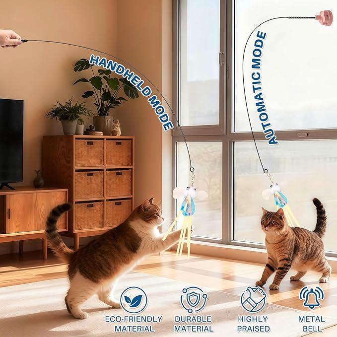 Walfront Interactive Cat Toys with Sky Blue and Pink Flower Suction Base, Indoor Cat Toy for Overweight or Inactive Cats, Multi Cat Homes, Boosts Activity, Self Play and Interactive Fun