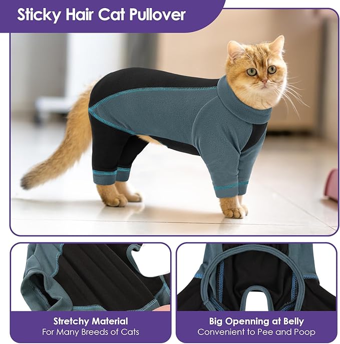Hair Sticky Cat Clothes, Cat Sweater for Cats Only, 4-Legged Fleece Sweaters Kitten Pajamas Reduce Shedding Fur, Warm Pullover Shirts for Cats, Green XL