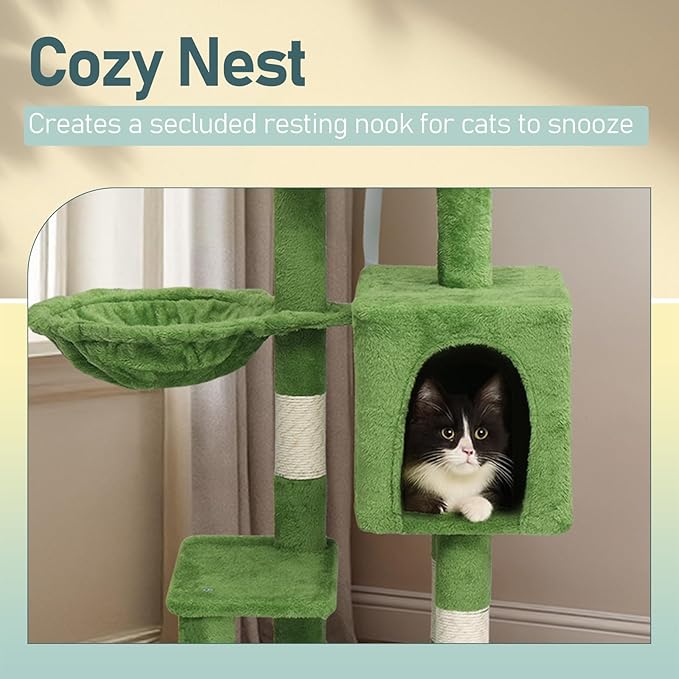 50in Plush Cat Tree with Leaves, Multi-Level Cat Tower with Condo, Hammock & Sisal Scratching Posts, Large Indoor Cat Activity Center for Kittens Under 10lbs, Green Pet Playground Furniture