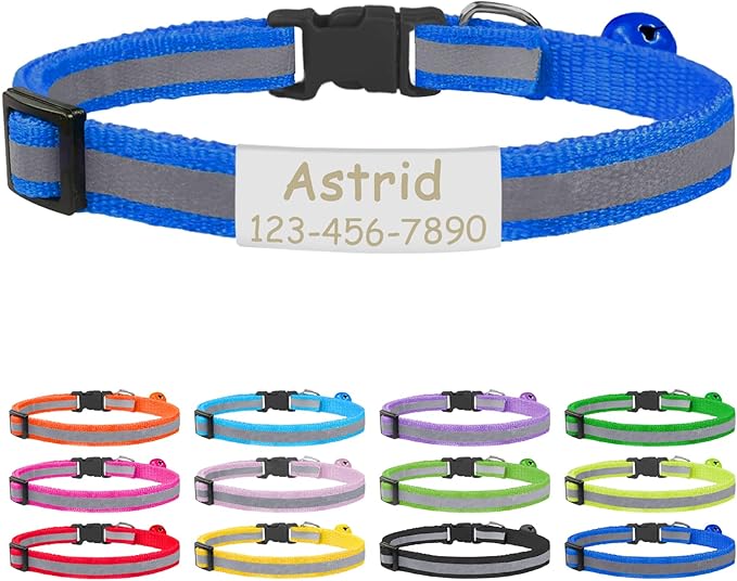 CAMAL Cat Collar with Name Tag, Reflective Cat Collar Breakaway for Kitten Puppy, Personalized Cat Collar, Adjustable 7.5"-12.5" (Royal Blue)