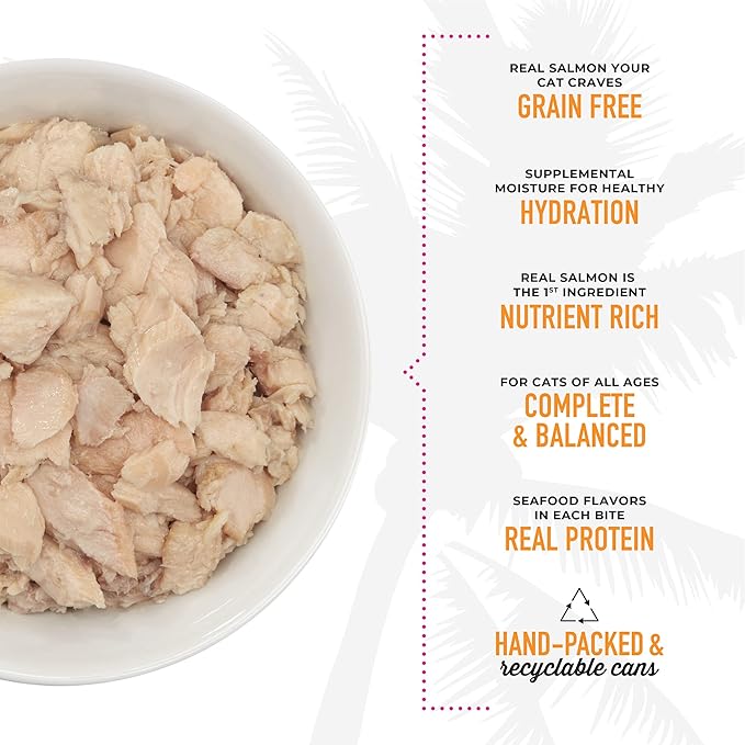 Tiki Cat Luau Shredded Meat, Wild Salmon Recipe in Salmon Consumme, Grain-Free Balanced Nutrition Wet Canned Cat Food, For All Life Stages, 2.8 oz. Can (12 Count)