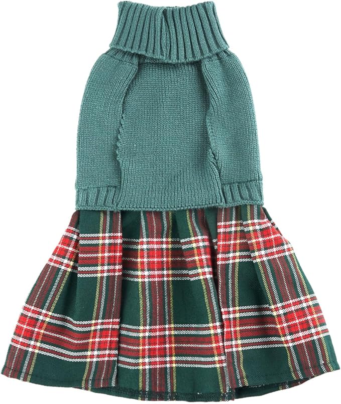 Green Embroidery Snowflake Chihuahua Christmas Sweater, Ugly Holiday Festive Plaid Christmas Dog Sweater Dress for Small Dogs Girl, Cat Outfit Small (S) Back Length 12"