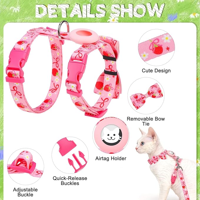 EXPAWLORER Cat Harness and Leash Set with AirTag Holder, Escape Proof Safe Lightweight Adjustable Soft Kitten Harness Set with Bowknot for Small Medium Large Cat Walking Travel Outdoor, Strawberry