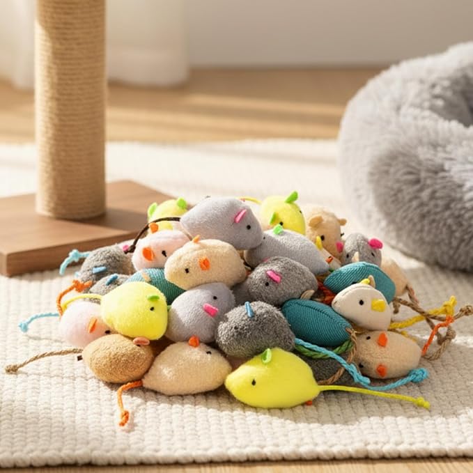 Leitee 51 Pcs Assorted Mice Cat Toys Bulk with Cat Paw Gift Storage Bags Set, Small Furry Mouse Kitten Toy for Indoor Cats, Interactive Play Color Varies (Plush Mice)