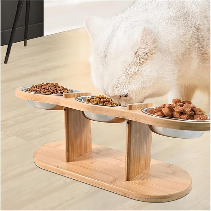 Raised Cat Feeder 3 Bowls in 1 Feeding & Watering Supplies 15° Puppy Stainless Steel Wood Stand Cats Accessories