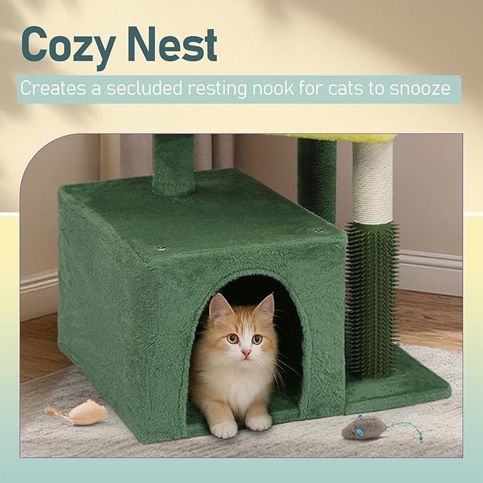 Cat Tree, Carpet Cat Tower for Indoors Cats, Cute Wood Kitty Condo with Scratching Post and Pad, Multi-Level Modern Activity Climbing Furniture for Small and Medium Cats (Green)
