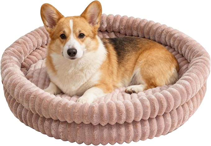 Small Dog Beds, Machine Washable Donut Cat Beds for Indoor Cats, Fluffy Warm Thermal Round Pet Bed with Anti-Slip Bottom for Puppy and Kitten, Dark Pink, 28"x28"x5"
