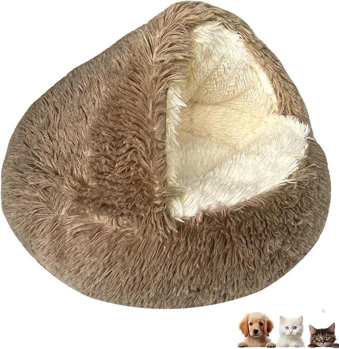 Cat Bed Round Fluffy Hooded Cat Bed Cave Puppy & Kitty,Cat Bed Round Plush Fluffy Hooded Cat Bed Cave, Cozy Cocoon Dog Bed Winter Warm Long Plush Cozy Nook Dog Bed.,15.7IN,Brown