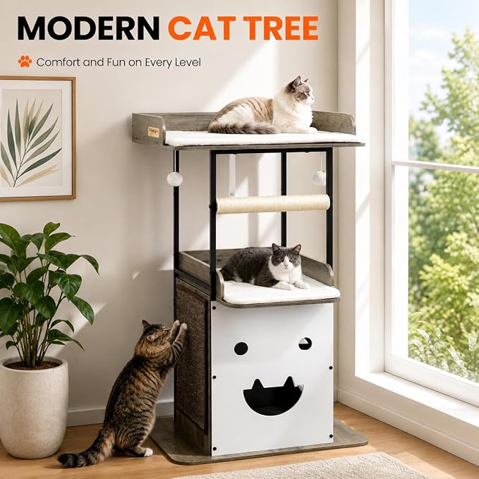 Wood Modern Cat Tree Tower for Indoor Large Cats,48-Inch Tall Wooden Cat Trees with Big Perch Bed, Multi-Level Condo with Scratching Board and Posts, Removable Pads, Cat Furniture, Greige