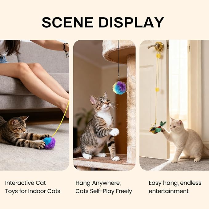 Interactive Cat Toys for Indoor Cats, Fun Self-Play Hanging Door Toy for Kitten, 2 Pack Door Hanging Bird Toy with Squeaky Sound for Bored Indoor Adult & Kitten