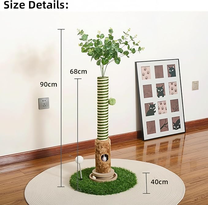 Cat Scratching Post, Two Tone Tall Sisal Scratch Pole For Indoor Cats,Artificial Turf Base Cat Tower With Hanging Toy,Double Ball Track & Simulated Mouse Hole,Strong Post For Kittens/Cats (35 in Post)