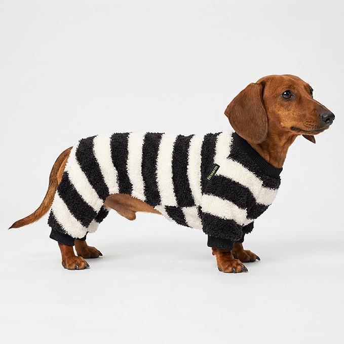 Fitwarm Fuzzy Striped Dog Pajamas, Winter Clothes for Small Dogs Girl Boy, Fleece Dog Onesie, Soft Pet PJS, Doggy Apparel, Black, White, Large