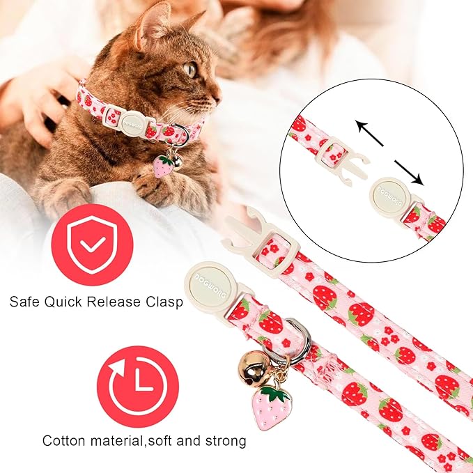 2 Pack Pink Strawberry Cat Collars Breakaway with Bell, DOGWONG Safety Buckle Peach Cat Collar for Girl Boy Cats and Small Dogs，Adjustable 7-12 Inch,Pet Supplies Accessories