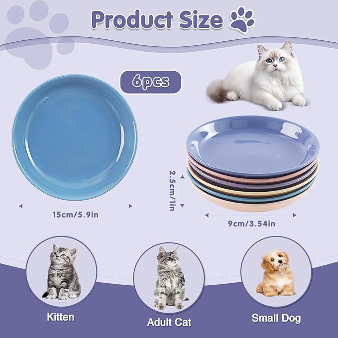 6 Pack Cat Food Bowl, Ceramic Cat Bowls, Anti Whisker Fatigue Cats Bowl Set,5.5 Inches Shallow Wide Kitten Plates for Food and Water (CaiSe-A)
