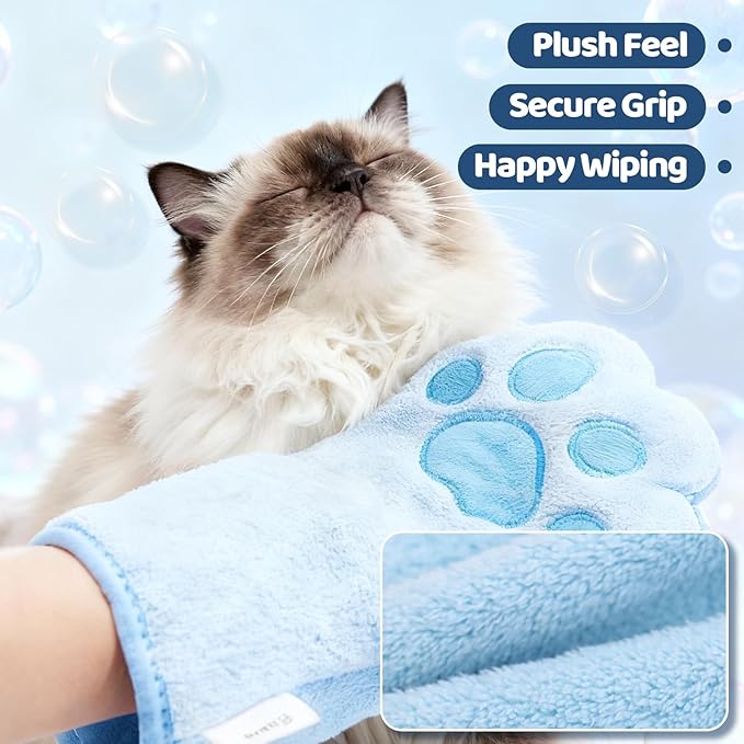 2PCS Concentrated Waterless Shampoo Essence with Pink Grooming Glove, No-Rinse & Lick-Safe Essence for Steam Brushes, Gentle Care for Cats/Kittens/Seniors, Manage Shedding & Freshness (2, Blue Glove)