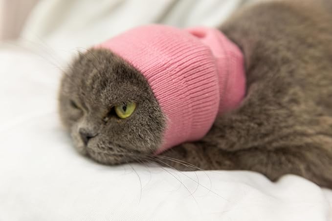Cat Head Cover Hematoma Lightweight Snood Covers Ear Wrap for Cats Wine+Grey-S