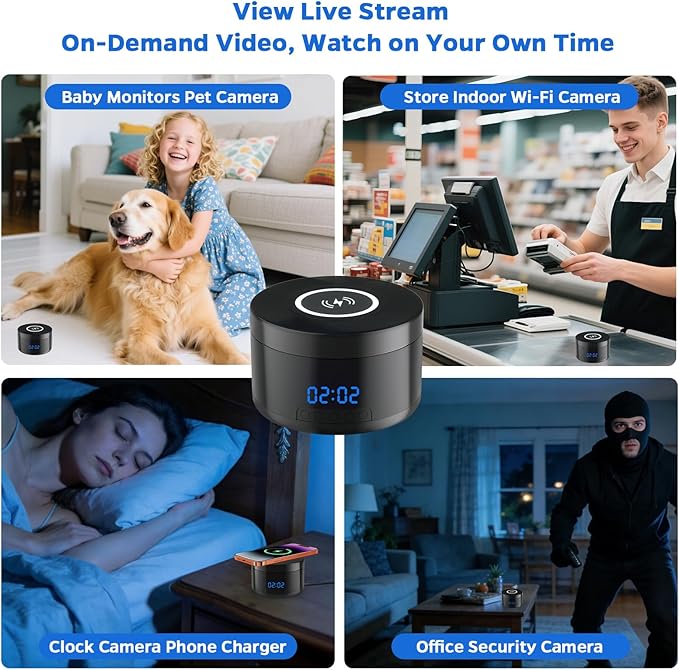 Smart Security Camera - 1080P Indoor Cameras for Home Security - Pet/Dog Camera with Motion Tracking - 15W Fast Phone Charger - Digital Clock (Ink Black)