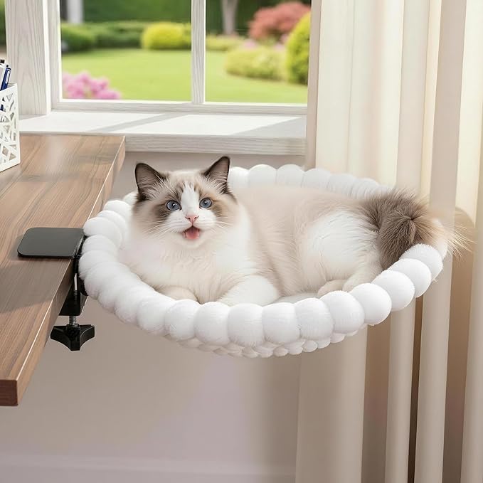 Cat Desk Bed - Faux Rabbit Fur Cat Hammock for Desk, 180° Rotating Adjustable, Reversible Dual-Sided Mat for All Seasons, Removable & Washable, Supports 40 lbs for Office Game Tables