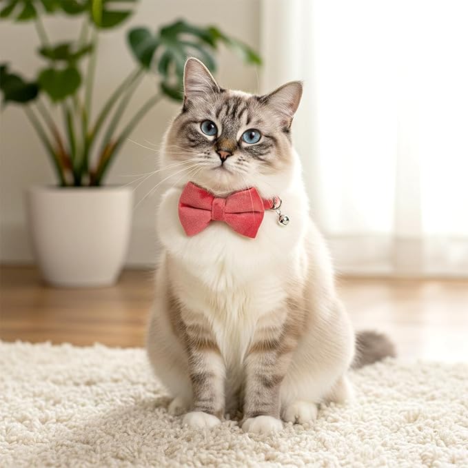 Trinkrittey 2 Pcs Solid Color Velvet Cat Collar with Bell and Removable Bowtie, Adjustable Breakaway Cat Collars Cute Cats Bow Tie Collar for Pet Wedding Party Halloween, Rose Red and Red