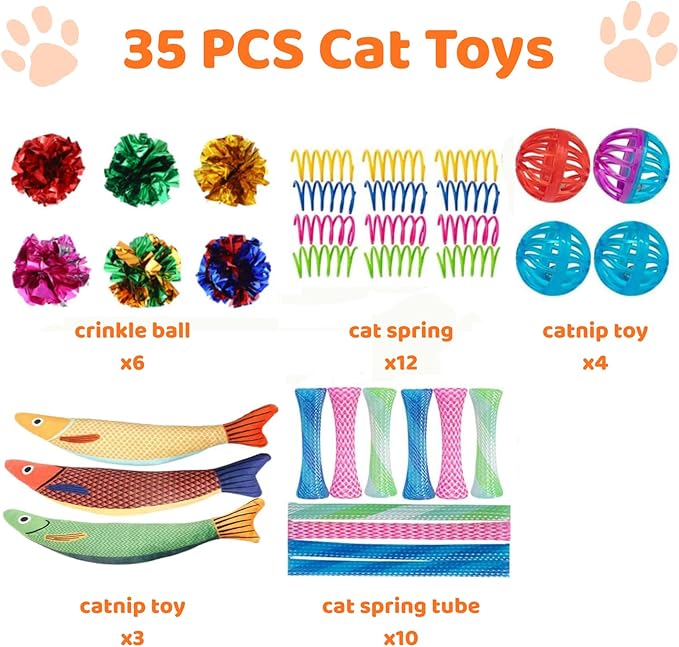 Cat Toys for Indoor Cats, Interactive Cat Toys with Catnip Toy, Kicker Toy, Crinkle Balls, Cat Ball Toy, Cat Spring Toy, Cat Chew Toy for Adult Cats & Kitten (35Pack)