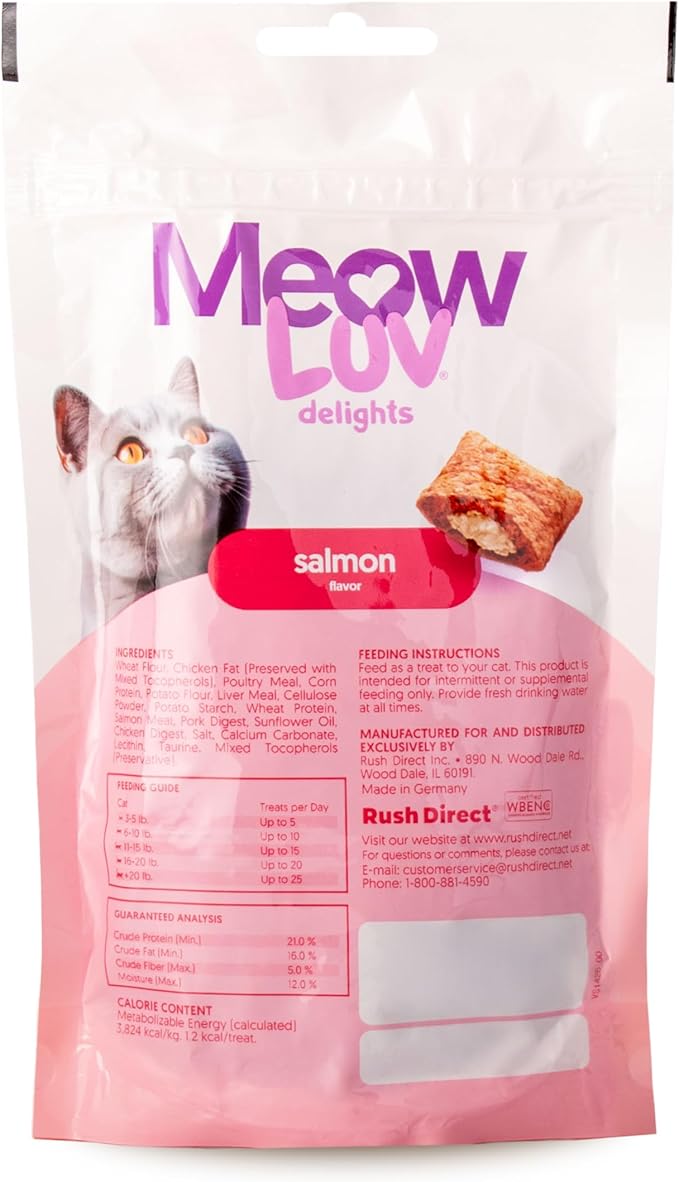 Ultra Chewy Meow Luv Delights Crunchy Cat Treats with Creamy Center - Salmon and Chicken Flavors - Premium Cat Snacks - Soy-Free Recipe - Healthy Treats for Indoor Cats - Under 2 Calories - 4 Pack