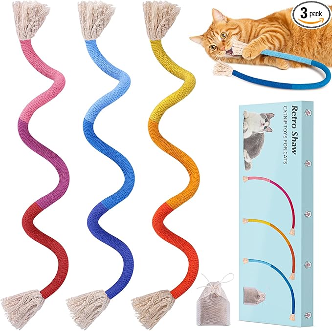 Retro Shaw Cat Toys Chew Ropes, 3Pcs, Kitten Toys for Indoor Cats with Refillable Natural Catnip, Safe Teeth Cleaning Chew Toys, Interactive Cat Nip String Kitty Toys (23.6 Inches)
