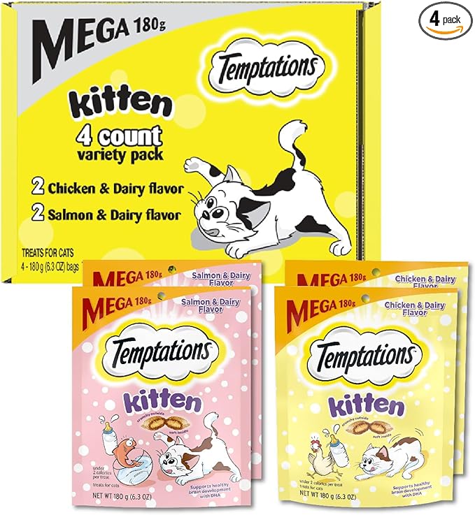 Temptations Kitten Treats Classic Crunchy and Soft Cat Treats Variety Pack, 6.3 oz. Pouches (Pack of 4)
