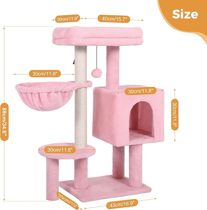 Small Cat Tree Pink Cat Tower with 32 Inches Scratching Post with Cats Condo House, Cozy Hammock and Removable Top Bed and Dangling Ball for Indoor Cats-34” Pink
