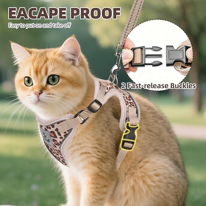 PUPTECK Cat Harness and Leash Set Escape Proof Reflective Cat Walking Harness Adjustable Soft Breathable Mesh Vest for Small Pets, Khaki Leopard Print, M