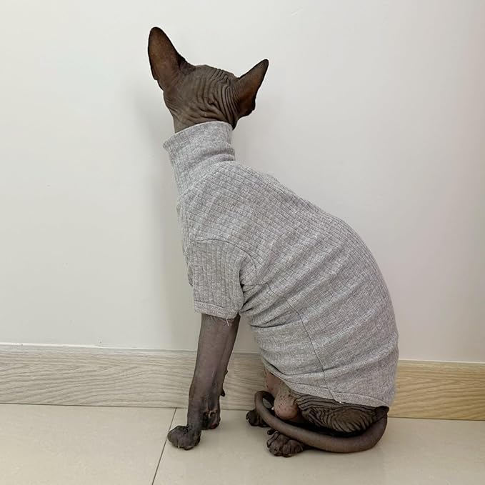 Sphynx Hairless Cats Shirt Cotton Cat Turtleneck Sweater Pullover Kitten T-Shirts with Sleeves Cat Pajamas Jumpsuit for Sphynx Cornish Rex, Devon Rex, Peterbald (XX-Large (Pack of 1), Light Grey)