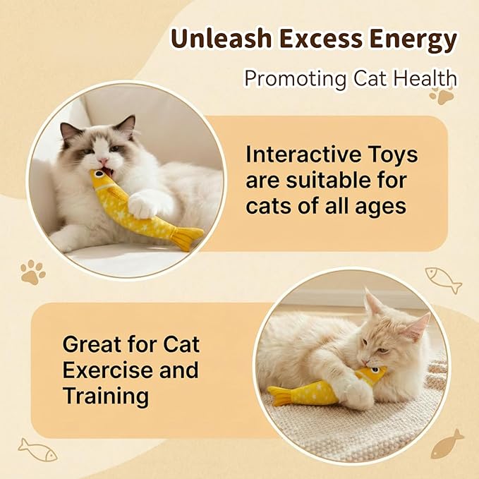 Cat Toys with 5000mg A+Natural Catnip & Bell, Interactive Soft Chew Kicker Cat Toys for Indoor Cats & Kittens, [Crinkle &Bell] Fish Sound Toy, 2 Pack Fish Cat Toys Yellow Purple