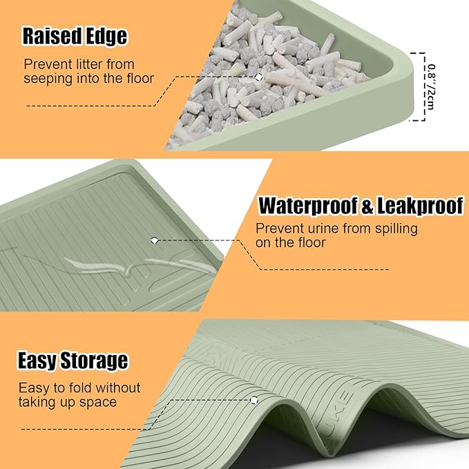 Silicone Cat Litter Mat, 50" x 36" Extra Large Litter Trapping Mat for Litter Box, Leak-Proof, Non-Slip, Kitty Litter Mats with Soft Texture for Floor, Keeping The Floor Clean (Green)