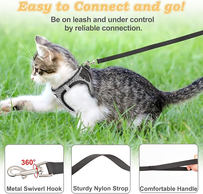 Cat Harness and Leash for Walking Escape Proof, Adjustable Kitten Vest Harness Reflective Soft Mesh Puppy Harness for Outdoor, Comfort Fit, Easy to Control (Gray, M)