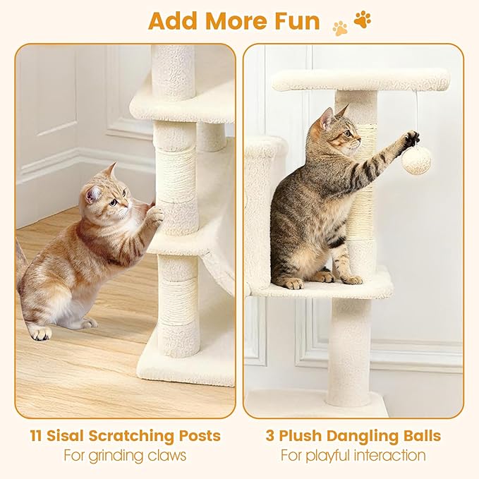 Tangkula 66 Inch Tall Cat Tree, Multi-Level Cat Tower with Sisal Scratching Posts, 2 Condos, Plush Perch, Hammock, Basket, Dangling Toys, Cat Climbing Furniture for Indoor Cats (Beige)