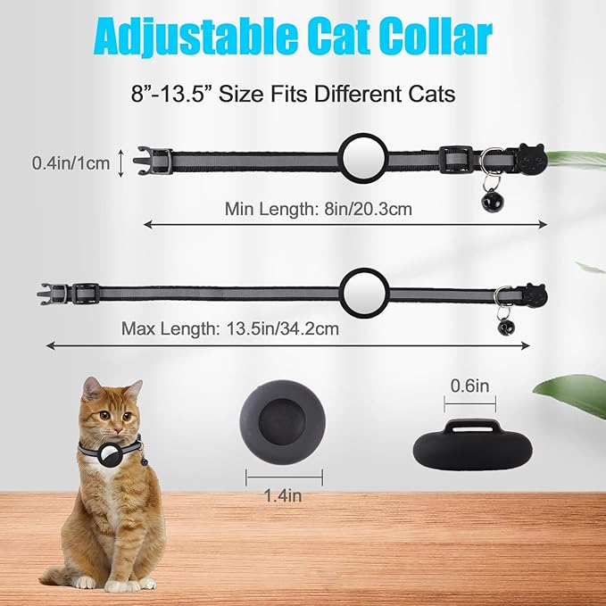 Reflective Cat Collar Fits for AirTag Holder, Breakaway Safety Buckle, Bell & Adjustable Strap for Cats Kittens - Compatible with Apple AirTag, Anti-Lost Pet Tracker Collar,Black