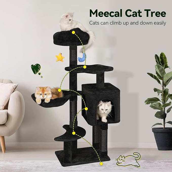 Meecal Gothic Black Cat Tree for Indoor Kittens & Small Cats Under 6 Months 9lbs, 43-Inch Cute Cat Tower with Scratching Post, Cat Condos, Cozy Hammock, Unique Perch & Dangling Toy