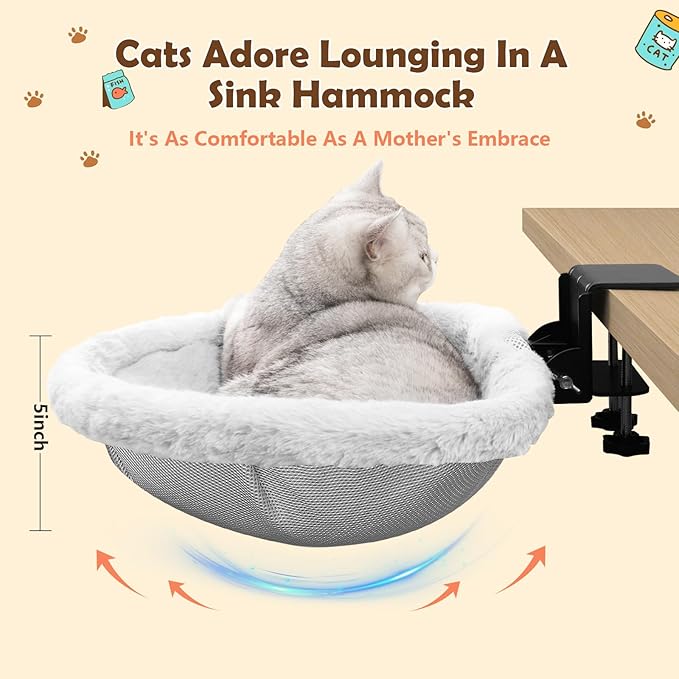 Stable Cat Desk Bed with Heavy-Duty Clamp | Sunken Hammock Design & Faux Rabbit Fur for Comfort, Removable & Washable Bed, Holds Up to 40lbs, Space Saving Cat Perch for Home Office