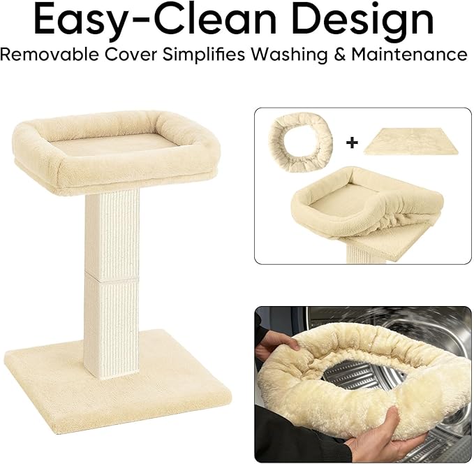 Cat Scratching Post, 32”Cat Scratcher with Large Plush Perch, Sisal & Carpet Scratching Post, Vertical Posts with Elevated Bed for Indoor Cats, Removable& Washable Cover, Beige