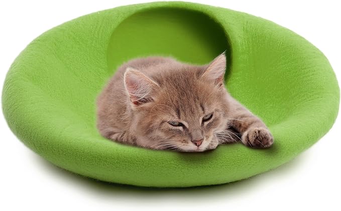 Woolygon Premium Felt Cat Cave Bed – Wool Kitty Beds Handcrafted Kitten Caves Bed for Indoor Cats - Made from Merino Wool, Foldable Cat Hideaway Covered Cat House Pod (Green Plain)