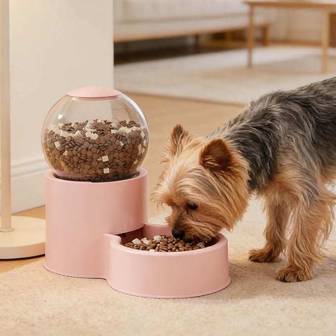 Automatic Cat Feeder, Water Dispenser Gravity Food Feeder and Water Set, Pack of 2, Cat Food Dispenser and Gravity Water Fountain for Cats Small Dogs Puppies Kittens Pets (Pink)