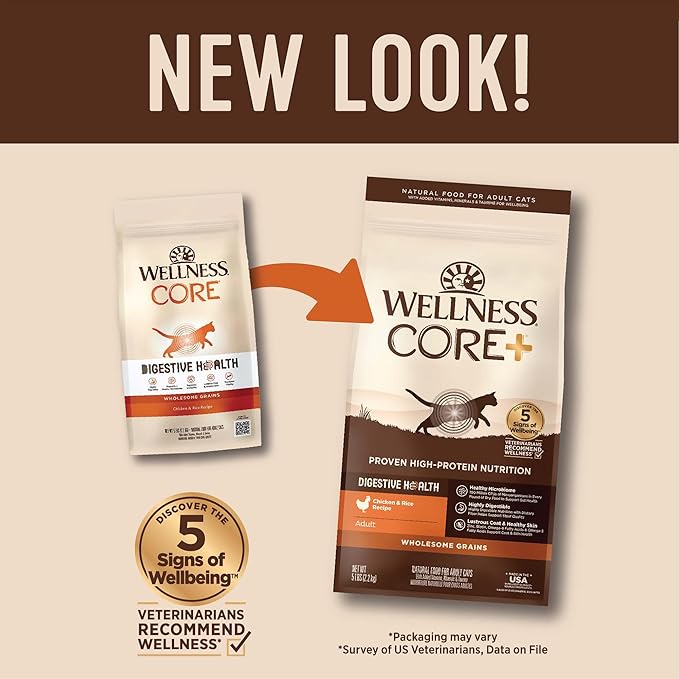 Wellness CORE+ Adult Dry Cat Food, Natural, Wholesome Grains Kibble, Digestive Health Chicken and Rice Recipe, 5 lb Bag