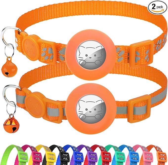 Joytale AirTag Cat Collar 2 Pack with Breakaway Safety Buckle, Reflective Cats Collar with AirTag Holder, Adjustable 7.5-12.5 Inch, Anti-Fraying Lightweight for Girl Boy Kitten, Orange
