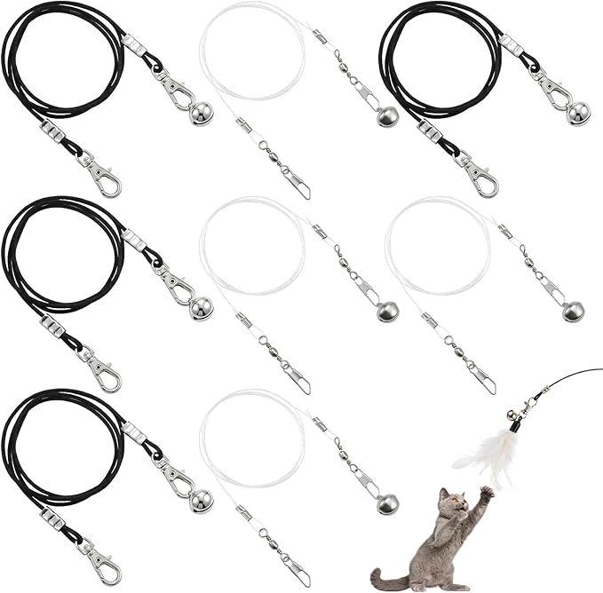 Amabro 8Pcs Cat Wand Replacement Strings with Built-in Bells Lobster Clasps Elastic Refill Wires for Cat Teaser Wand Toy All Lures Universal Fit(4 Pcs Black Rope + 4 Pcs Transparent Fishing Line)