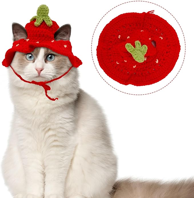 Knitted Hats for Cats, Adorable Crochet Kitten Cap Soft Pet Costume Headwear Small Knit Cap Decor for Dog Cat Kitten Puppy Holiday Photo Sessions & Celebration Decor (Strawberry Style)