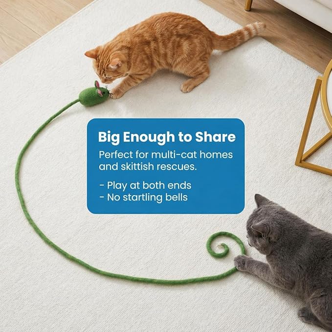 Glaciart One Felt Mouse Cat Toy – Soft Fuzzy Enrichment 100% Natural Wool - Interactive Catnip Play Cat Toy Set - Safe for Pets, Non-AZO Colored Dyes - 100” Long