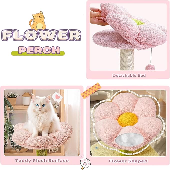 Flower Cat Tree 71 Inches，Large Cat Tower with 2 Detachable Flower Cushions and 2 Hiding Condo, Tall and Big Cat Tree with Hammock Bed, Interactive Toys and Scratching Posts for Indoor Cats (Pink)