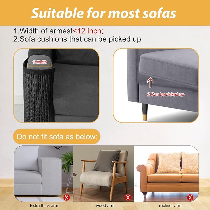 Cat Scratch Couch Protector,Cat Scratch Sofa Armrest Cover with Sisal Mat and Toy for Cats,Sofa Scratcher Furniture Protector 23.6’’L*19.7’’W (Black/Right Hand)