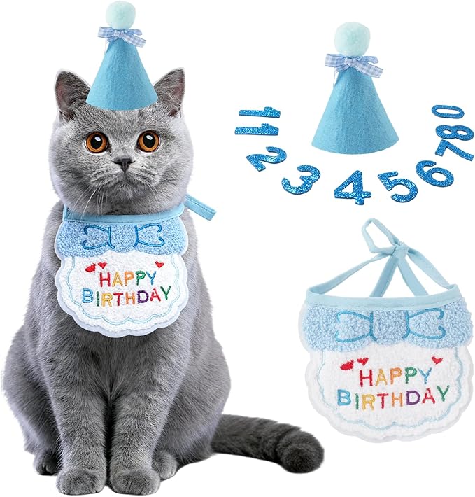 Cat Kitten Birthday Bandana Hat, 1Set Numbers Pet Birthday Decorations Outfits, Cute Cats Kittens Apparel Birthday Outfits, Blue Hat with Numbers Cat Bandana Pet Decorations ﻿