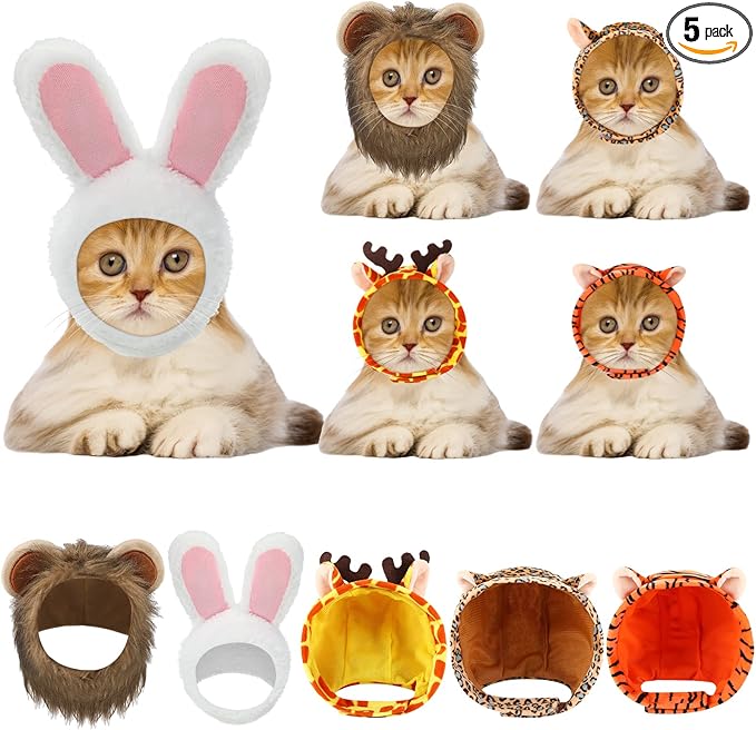 Weewooday 5 Pcs Cat Adorable Costume Bunny Hat with Ears Funny Mane Cat Hat for Pets and Small Dogs Kitten Puppy Party Costume Accessory Headwear(Rabbit, Lion, Leopard, Tiger, Giraffe)