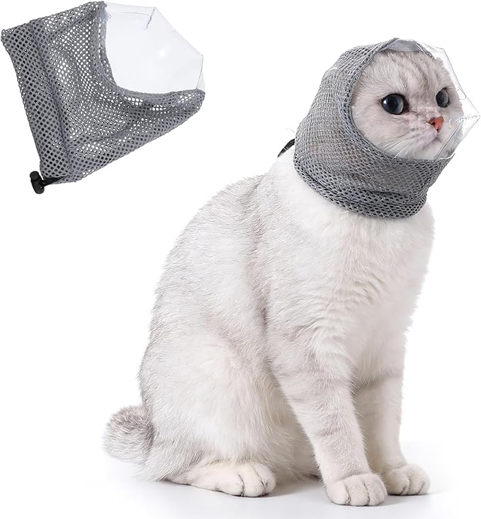CIATBYYJ Adjustable Cat Muzzle for Grooming, Breathable Cat Pet Head Cover, Transparent Anti-Bite Cats Mask Helmet for Nail Trimming Bathing Vet Visits(S)